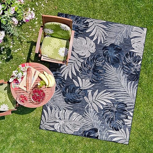 CAMILSON Indoor Outdoor Rug Navy Blue 5x7 Leaf Tropical Botanical Area Rugs for Indoor and Outdoor patios, Easy-Cleaning Non-Shedding Living Room Garden and Kitchen Washable Outside Carpet (5 x 7) - Image 6