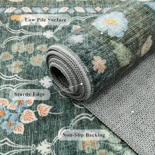 2.6x12 Kitchen Runner Rug Washable - Vintage Non Slip Hallway Rugs Low Pile Carpet for Bedroom Laundry Soft Indoor Floor Mat - Safe Durable Choice for Married Women with Kids & Pets 2’6x12 Green - Image 7