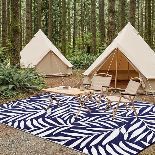 Smiry Outdoor Rug 6x9 ft Waterproof Reversible Leaf Mat, Navy & White - Image 7
