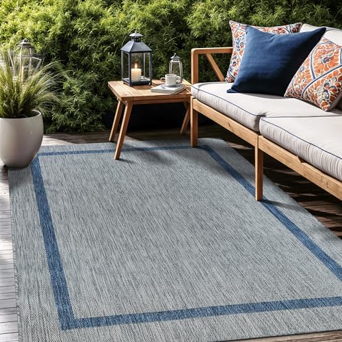 Luul Home Bordered Outdoor Rug 10x14 Washable Outside Carpet for Indoor Patio Porch Waterproof Easy Cleaning Non Shedding Area Rugs Silver Gray - Blue 10 x 14 - Image 7
