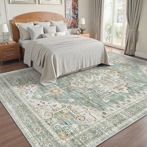 Machine Washable Rugs 9x12,Vintage Floral Large Carpet Living Room Green - Image 7