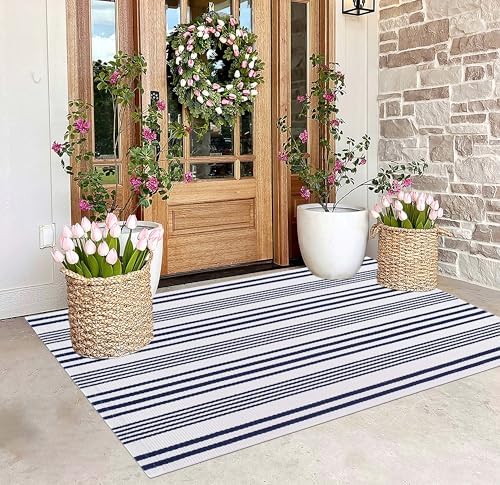 BUAGETUP Washable Outdoor Rug 3'x 5',Blue and White Cotton Front Porch Rug - Image 7
