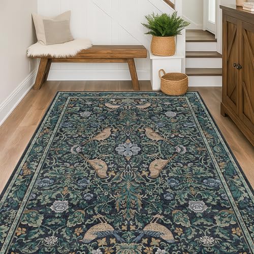 Cottagecore 5x8 Throw Rugs for Living Room, Washable Forest Rugs for Dining Room, Non Slip 5 by 8 Bedroom Under Bed, Low Pile Soft Carpet (Navy Blue & Deep Teal) - Image 6