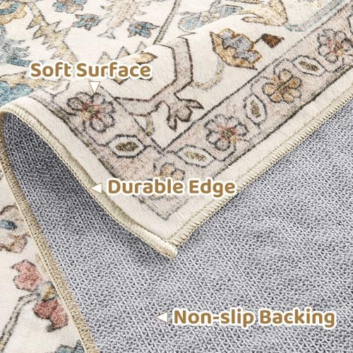 Area Rug for Living Room - 5x5 Soft Washable Oriental Vintage Floral Distressed Large Carpet - Fade Stain Resistant Non Slip Rugs for Bedroom Dining Room Nursery Dorm Office Home Decor - Blue/Beige - Image 7