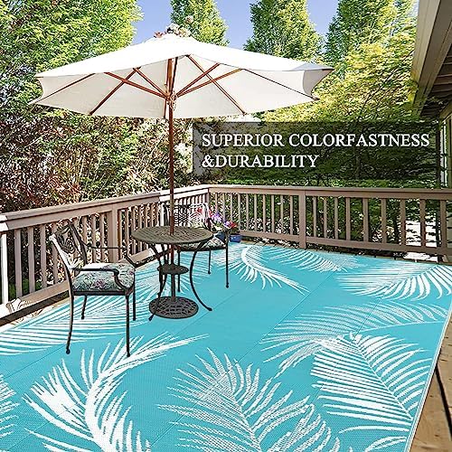 Pauwer Waterproof Outdoor Rug 9x12, Plastic Straw Patio Mat, Leaf Teal - Image 6