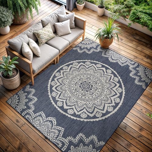 CAMILSON Outdoor Rug 10x14 Modern Area Rugs for Large Indoor and Outdoor Patios and Porches - Waterproof Washable Non-Shedding Easy-to-Clean Outside Carpet (10 x 14, Medallion - Blue/White) - Image 7