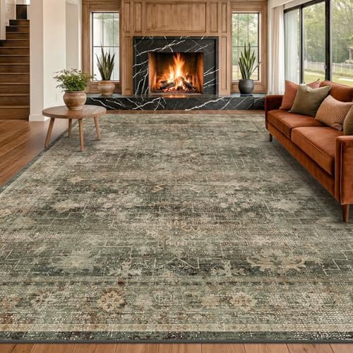 Boho 8x10 Moss Green Area Rugs for Living Room, Bedroom, Cottagecore Vintage Abstract Distressed Washable Rug for Dining Room, Stain Resistant Low Pile Non-Slip Ultra Soft, Moody Décor - Image 6