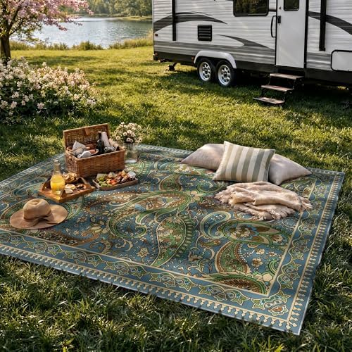 Arenarug Paisley Waterproof Outdoor Rug 8x10, UV Resistant, Sage&Blue - Image 7
