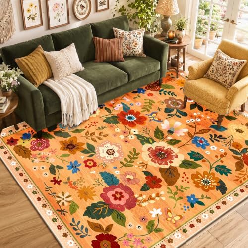 RELEANY Floral Washable 6x9 Area Rugs Orange/Yellow/Red - Image 6