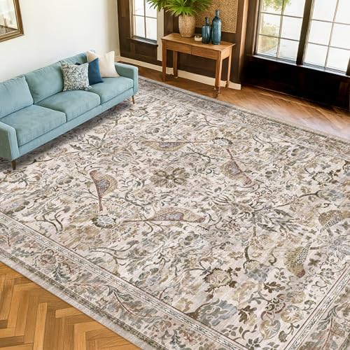 Vintage Moss Green 8x10 Washable Area Rugs for Living Room - Soft Floral Rug for Bedroom, Dining Room, Light Brown Taupe Low Pile Stain Resistant Bird Floral Bird Carpet - Image 6
