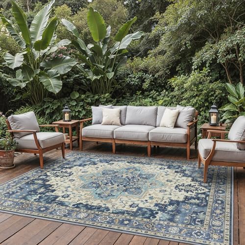 GENIMO Indoor Outdoor Rug, Washable for Patio and Deck, Navy Ivory, 8x10 - Image 6