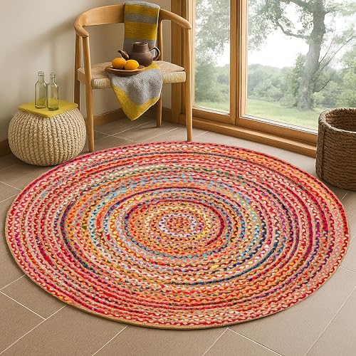 Hausattire Jute Cotton Braided Woven Area Rug 5 Feet Round - Multi Color - Image 6