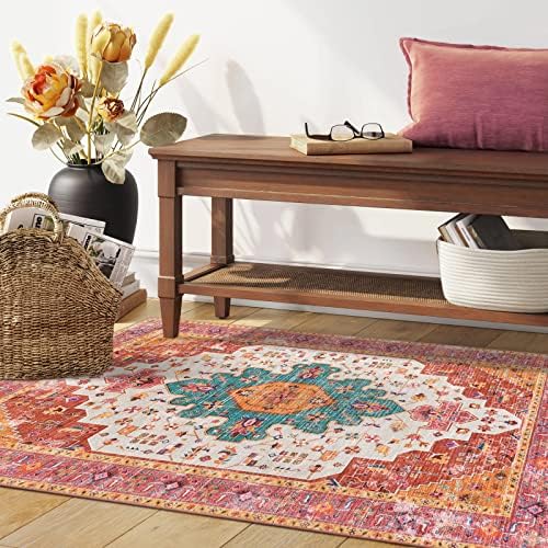 Moynesa Ultra-Thin Washable Vintage Area Rug - 3x5 Boho Girls Bedroom Non-Slip Non-Shedding Oriental Medallion Living Room Mat Indoor Carpet for Office Nursery Room, Pink/Teal/Multi - Image 6