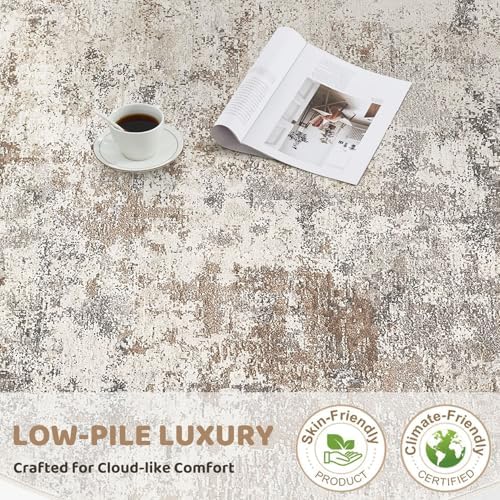 UERMEI 6ft Round Area Rug Living Room Rugs - 6x6 Washable Neutral Modern Abstract Soft Thin Rug Indoor Floor No Slip Rug Carpet for Bedroom Under Dining Table Home Office Decor - Brown Grey - Image 6