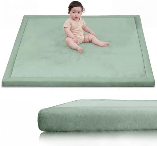 Huloo Sleep Ultra Soft Baby Play Mat for Floor,1.3" Thick Elasti-Foam 47x47 Play Mat for Playpen,Water-Repellent Coral Velvet for Tummy Time, Non-Slip Backing Safe for Toddlers & Infants(Sage Green) by HulooSleep