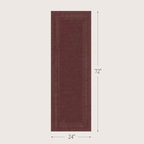 2x6 Hallway Runner Rug, Vintage Non-Slip Washable Muted Burgundy Distressed Rug for Bathroom & Kitchen, Low Pile Stain Resistant Floor Carpet, Traditional Farmhouse Décor - Image 2