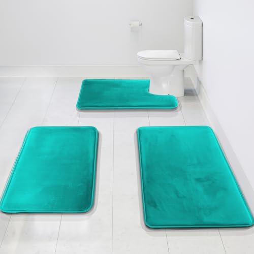 Clara Clark 3 Piece Bathroom Rugs Bath Mat Set, Velvet Memory Foam Bath Mats for Bathroom - Non-Slip, PVC Backing Bath Rugs, Washable - Dries Quickly, Teal by ClaraClark