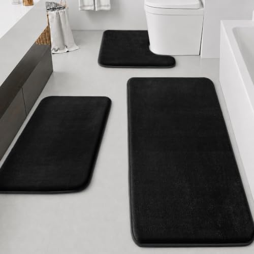 HUXMEYSON Bathroom Rugs Sets 3 Piece, Non-Slip & Quick Dry Bath Mat Set, Ultra Soft Velvet Bath Rugs for Bathroom, Toilet and Shower Floor, Black by HUXMEYSON