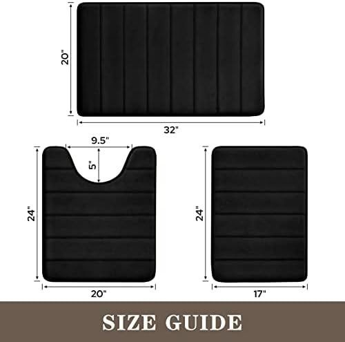 BYSURE Black Memory Foam Bathroom Rug Set 3 Piece 17"x24"+20"x32"+U Shape 20"x24" - Image 2