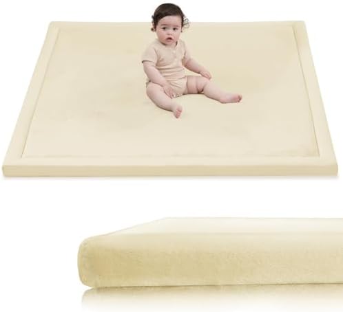 Huloo Sleep Ultra Soft Baby Play Mat for Floor,1.3" Thick Elasti-Foam 47x47 Play Mat for Playpen,Water-Repellent Coral Velvet for Tummy Time, Non-Slip Backing Safe for Toddlers & Infants（Vanilla） by HulooSleep