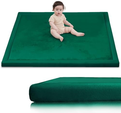 Huloo Sleep Baby Play Mat for Floor,1.3" Thick Memory Foam Tummy Time Mat,Soft Coral Velvet Nursery Rug,Extra Large Non Slip Crawling Mats for Living Room(Dark Green) by HulooSleep