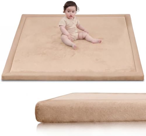 Huloo Sleep Ultra Soft Baby Play Mat for Floor, 1.3" Thick Elasti-Foam 59x59 Play Mat for Playpen,Water-Repellent Coral Velvet for Tummy Time, Non-Slip Backing,Safe for Toddlers & Infants(Light Brown) by HulooSleep
