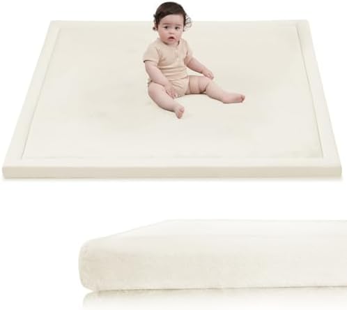Baby Play Mat for Floor,1.3" Thick Elasti-Foam 50x50 Playpen Mat for Toddlers Infant Kids,Water-Repellent Soft Coral Velvet for Tummy Time,Non-Slip Backing for Crawling,Tatami Style(Cream) by HulooSleep