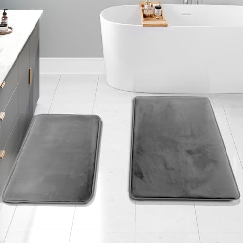 Clara Clark 2 Piece Bathroom Rug Set - Memory Foam, Bath Mat Set, Plush, Cozy, Ultra Soft, Non Slip, Machine Washable, Quick Dry - 24” x 17”+ 32” x 20” - Medium Grey by ClaraClark