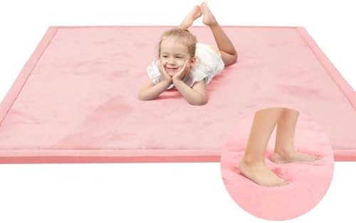 Huloo Sleep Baby Play Mat for Floor,1.3" Thick Elasti-Foam 50x50 Playpen Mat for Toddlers Infant Kids,Water-Repellent Soft Coral Velvet Tummy Time Mats,Non Slip Crawling Mats,Tatami Style(Pink) by HulooSleep