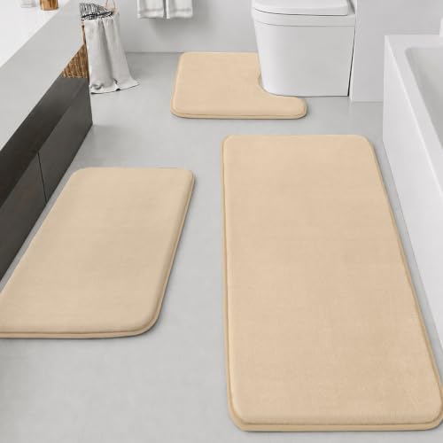 HUXMEYSON Bathroom Rugs Sets 3 Piece, Non-Slip & Quick Dry Bath Mat Set, Ultra Soft Velvet Bath Rugs for Bathroom, Toilet and Shower Floor, Light Coffee by HUXMEYSON