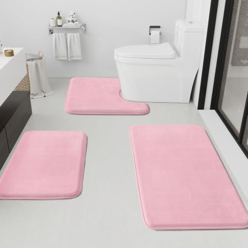 HUXMEYSON Bathroom Rugs Sets 3 Piece, Non-Slip & Quick Dry Bath Mat Set, Ultra Soft Velvet Bath Rugs for Bathroom, Toilet and Shower Floor, Rose Pink by HUXMEYSON