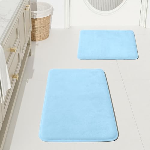 HUXMEYSON Bathroom Rugs Sets 2 Piece, Non-Slip & Quick Dry Bath Mat Set, Ultra Soft Velvet Bath Rugs for Bathroom, Toilet and Shower Floor, Light Blue by HUXMEYSON