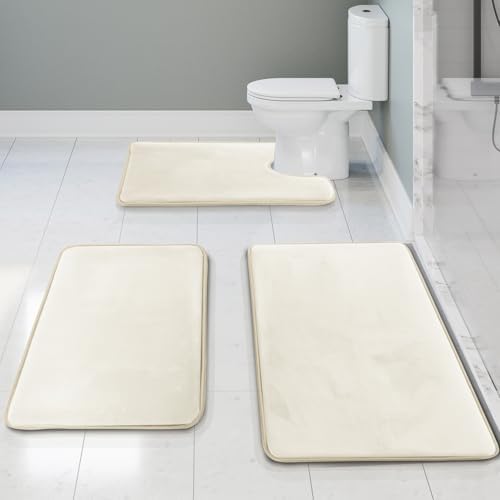 Clara Clark 3 Piece Bathroom Rugs Bath Mat Set, Velvet Memory Foam Bath Mats for Bathroom - Non-Slip, PVC Backing Bath Rugs, Washable - Dries Quickly, White by ClaraClark