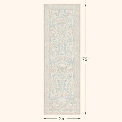 Soft Washable Runner Rug 2x6 Non Slip for Girls Bedroom, Laundry Room Rug, Kitchen, Bathroom, Floral Light Pink and Blue Stain Resistant Floor Runner Carpet Low Pile with Rubber Backing - Image 2
