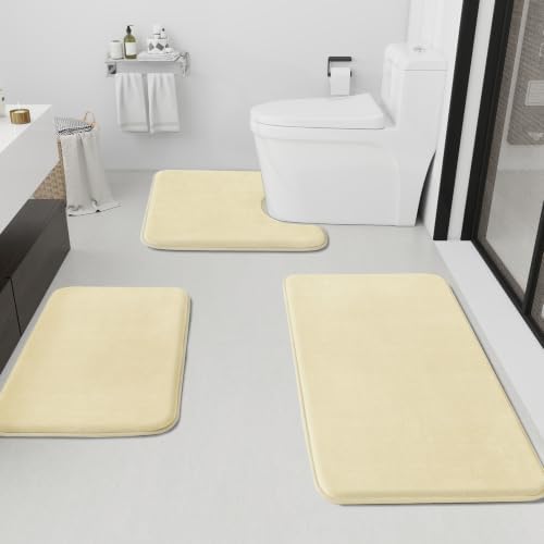 HUXMEYSON Bathroom Rugs Sets 3 Piece, Non-Slip & Quick Dry Bath Mat Set, Ultra Soft Velvet Bath Rugs for Bathroom, Toilet and Shower Floor, Cream Yellow by HUXMEYSON
