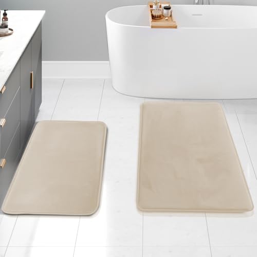 Clara Clark 2 Piece Bathroom Rug Set - Memory Foam, Bath Mat Set, Plush, Cozy, Ultra Soft, Non Slip, Machine Washable, Quick Dry - 24” x 17”+ 32” x 20” - Linen by ClaraClark