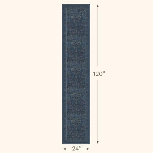 2x10 Extra Long Runner Rugs for Hallways, Non Slip Machine Washable Front Door Runner Indoor Entrance, Nature Floral Design Dark Blue Mats - Image 2