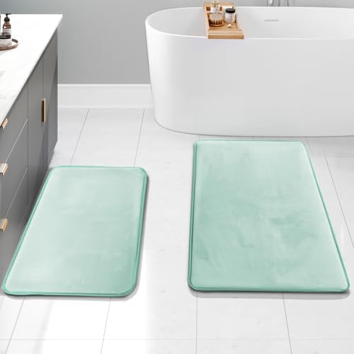 Clara Clark 2 Piece Bathroom Rugs Bath Mat Set, Velvet Memory Foam Bath Mats for Bathroom - Non-Slip, PVC Backing Bath Rugs, Washable - Dries Quickly, Aqua by ClaraClark