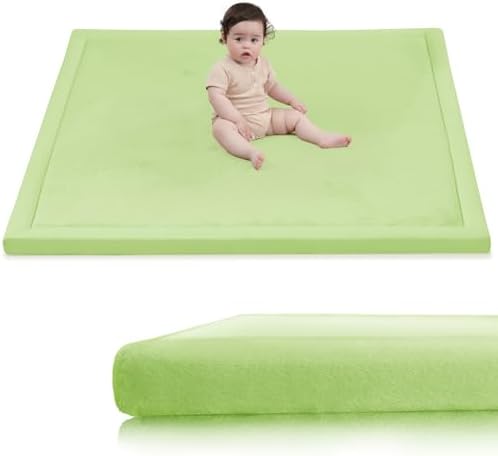 Huloo Sleep Baby Play Mat for Floor,1.3"Thick Elasti-Foam 50x50 Playpen Mat for Toddlers Infant kids,Water-Repellent Soft Velvet for Tummy Time,Non-Slip Backing for Crawling,Tatami Style(Light Green) by HulooSleep