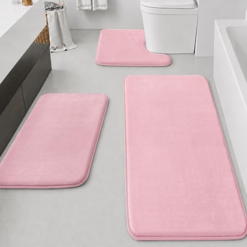 HUXMEYSON Bathroom Rugs Sets 3 Piece, Non-Slip & Quick Dry Bath Mat Set, Ultra Soft Velvet Bath Rugs for Bathroom, Toilet and Shower Floor, Rose Pink by HUXMEYSON