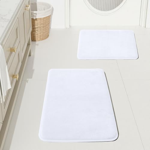 HUXMEYSON Bathroom Rugs Sets 2 Piece, Non-Slip & Quick Dry Bath Mat Set, Ultra Soft Velvet Bath Rugs for Bathroom, Toilet and Shower Floor, White by HUXMEYSON