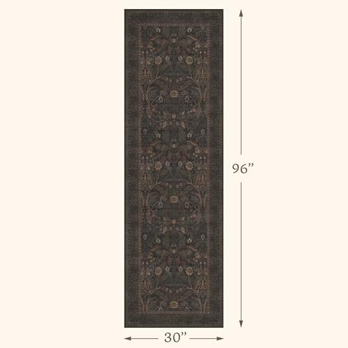 Washable Hallway Runner Rug 2'6"x8' - Floral Thin Entryway Rugs Indoor Non Slip, Traditional Botanical & Sunflower Kitchen Floor Mats (Brown and Black) - Image 2
