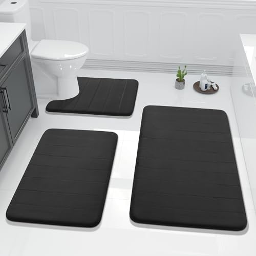 Yimobra 3 Pieces Memory Foam Bath Mat Set with U-Shaped Toilet Rug - Non Slip Super Soft Absorbent Quick Dry Bathroom Rugs for Bathtub, Vanity & Toilet Base, Black by Yimobra