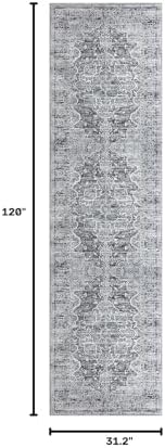 KUTA Vintage Kitchen Runner 2.6x10 Blue White Washable Hallway Rugs - Image 2