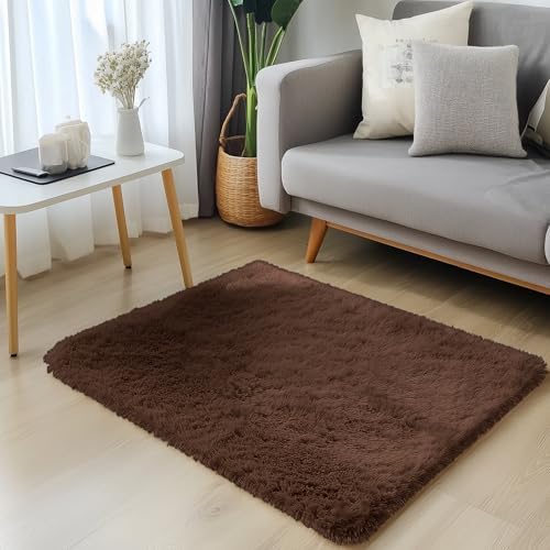 OLANLY 3x3 Machine Washable Small Bedside Rug, Soft Fluffy Shaggy Entryway Throw Rugs for Bedroom, Living Room, Indoor Floor Carpet for Kids Girls and Boys, Nursery Rooms, Home Decor Aesthetic, Coffee - Image 3