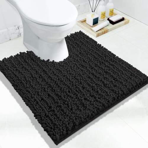 Yimobra Toilet Rug U Shaped Washable 24x24 Inch - Ultra Soft Absorbent Chenille Bath Rugs for Toilet, Quick Dry & Machine Washable, Non Slip Contour Bathroom Mat, Black by Yimobra