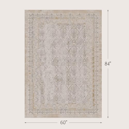 Ivory Vintage Washable 5x7 Area Rug for Small Living Room, Non-Slip Distressed Rug for Entryway & Bedroom, Low Pile Stain Resistant Floor Carpet, Modern Farmhouse Décor - Image 2