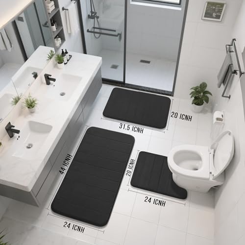 Yimobra 3 Pieces Memory Foam Bath Mat Set with U-Shaped Toilet Rug - Non Slip Super Soft Absorbent Quick Dry Bathroom Rugs for Bathtub, Vanity & Toilet Base, Black - Image 2