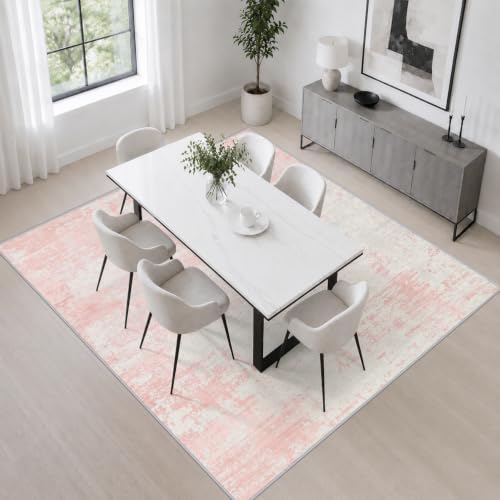 Area Rug Living Room: 4x4 Modern Washable Soft Carpet Pink White - Image 4