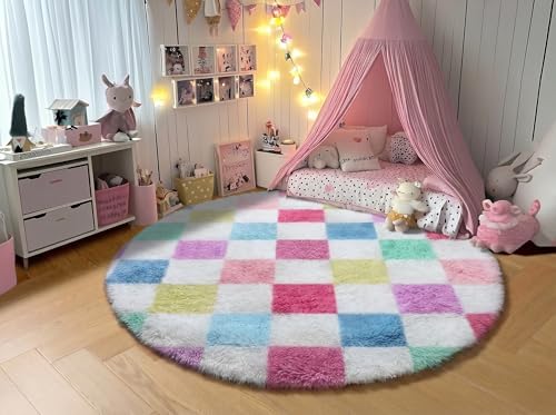 KICMOR Pink Rainbow Round Rug for Bedroom Girls, Cute Fluffy Soft 4ft Circle Area Rug Small Fuzzy Shag Shaggy Living Room Carpet, Circular Checkered Rug for Kids Room Home Decor Aesthetic, Nursery - Image 5
